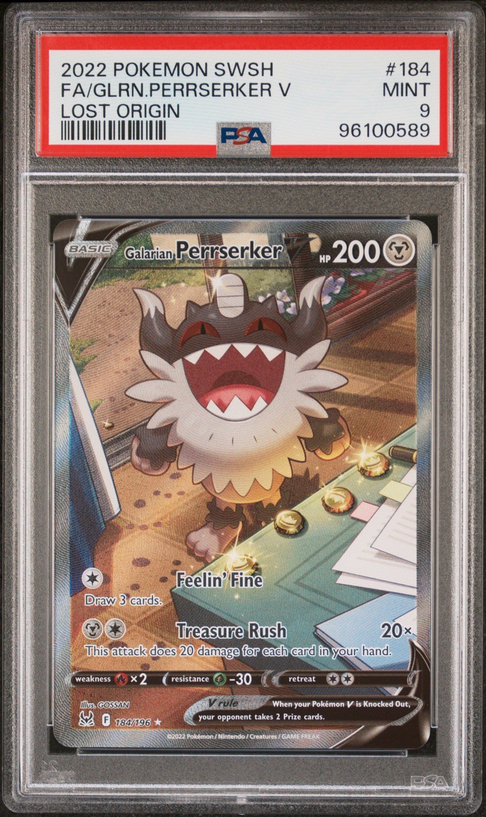 PSA 9 Galarian Perrserker V Alt Alternate Art 184/196 Lost Origin Pokemon Card