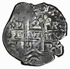 1696 Bolivia Colonial,  Potosi Silver Cob 2 Reales VR Charles II , 6.79 gr KM-24