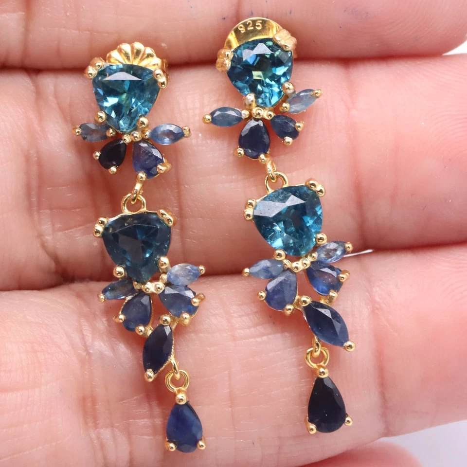 925 Silver 6 x 6 MM. London Blue Topaz & Blue Sapphire Made in Thailand Earrings - Image 2 of 4