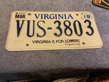 Virginia License Plate VUS 3803 “Virginia Is For Lovers” 2019