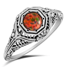 1CT Red Fire Opal 925 Solid Sterling Silver Art Deco Style Ring Sz 8 US3
