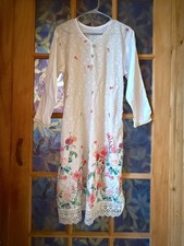 Ethnic Kurti Kameez Floral Embroidery Lace Trim Ivory Sequins Embroidery