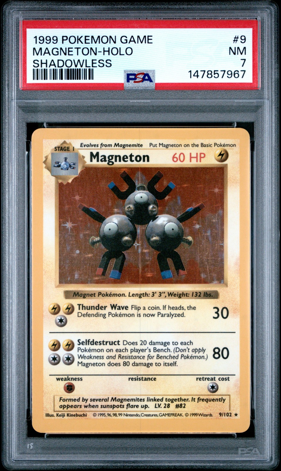 1999 POKEMON GAME SHADOWLESS #9 MAGNETON-HOLO PSA 7
