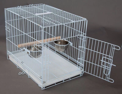 MCAGE Parrot Bird Travel Carrier Foldable Wood Stand Perch Steel Cup Metal Bird Cage