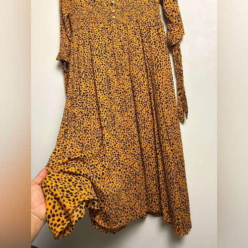 Reborn J Midi Dress Sz XL Cheetah V-Neck Feminine Old Money Flowy Casual Mustard - Picture 5 of 15