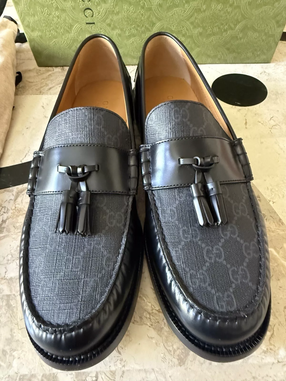 Mocassins Gucci cuir noir et toile monogramme GG neufs chaussures homme UK 12 US 13