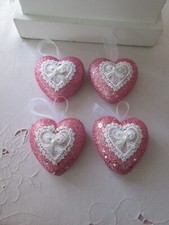 Lot of 4 Pink Glitter  Lace Heart Valentines Day Ornaments, appx. 3.25" NEW