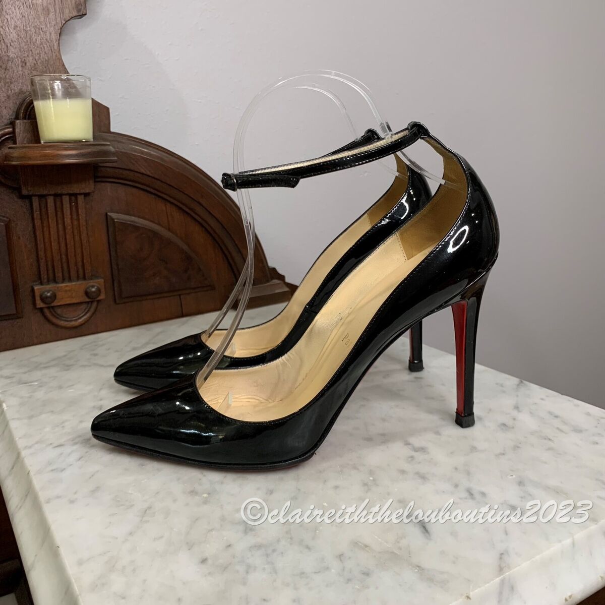Christian Louboutin Halte 100 Black Patent Ankle Strap Pumps Christian Louboutin Halte 100 Black Patent Ankle Strap Pumps