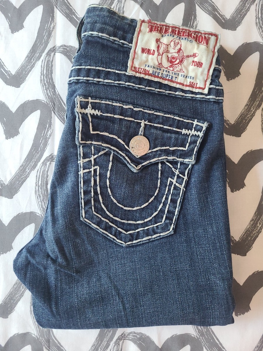 TRUE RELIGION Julie Super T Dark Wash White Thread Denim