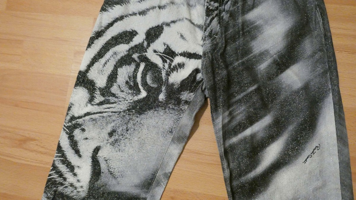 Roberto Cavalli 2000s Silver Glitter Tiger Jeans Y2K