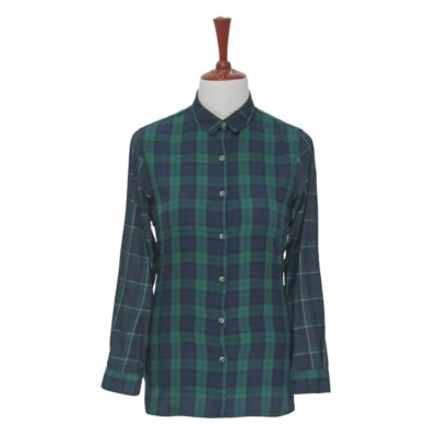 Womens Shirt Button Up Blue Green Tartan Plaid Contrast Dress Casual Tunic M