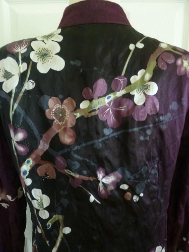 Citron SM Crush Silk Black Purple Artsy Asian Floral Duster Coat Zip Pockets M L - Picture 14 of 21
