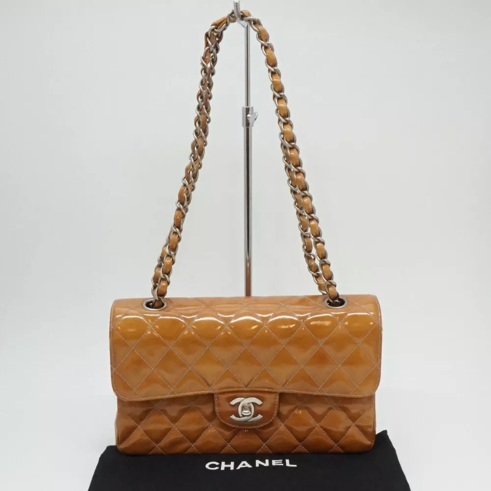 CHANEL A01113 CC Matelasse Brown Patent W Chain Shoulder Bag Used