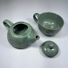 Pier 1 Stoneware Tea for One Green Stackable Set with Teapot Lid and Cup 3 Piece