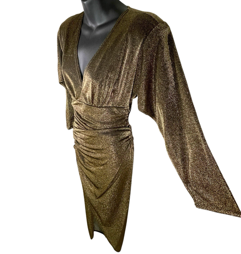 Alexa B Evening Metallic Black Gold Shimmering Dress Ruched Deep V Neck Sz 6 NEW - Picture 8 of 18