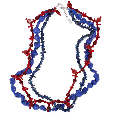 Necklace Real Silver 925 Sterling Silver Lapis Lazuli and Coral 55-60cm Long