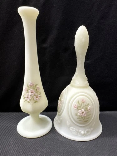 Vintage Fenton Custard Uranium Vaseline Bell & Bud Vase Signed Floral Painting
