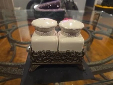 Chris Madden Ivory Foret Stoneware Salt & Pepper Shakers W/Metal Stand JCPenny