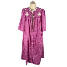 Vtg Models Coat Purple Floral Print Snap Front House Dress Robe Midi Size S M