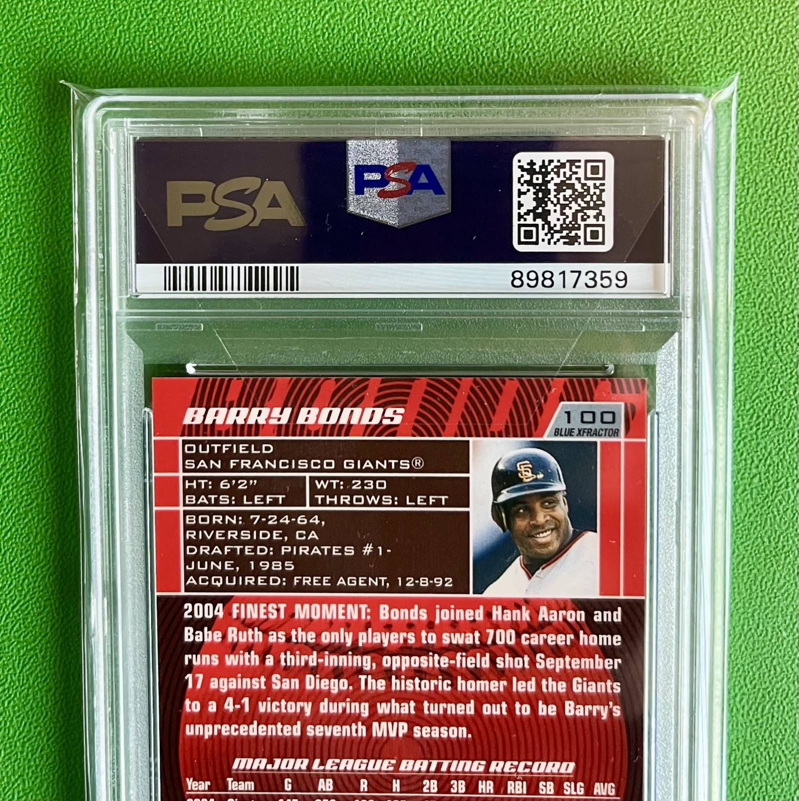 Barry Bonds 2005 Finest Blue X-Fractor 87/150 #100 PSA 10 San Francisco Giants view 5