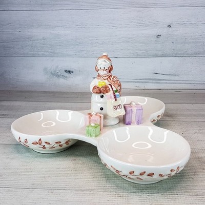 Vintage Avon Lady Snowman Ceramic Candy Nut Relish Dish 3 Bowl President's Club