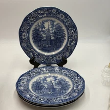 4 Staffordshire Liberty Blue Independence Hall Dinner Plates England  unused