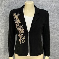 Chicos Travelers Black Embroidered Beaded Blazer Jacket Size 0 Slinky Knit Small