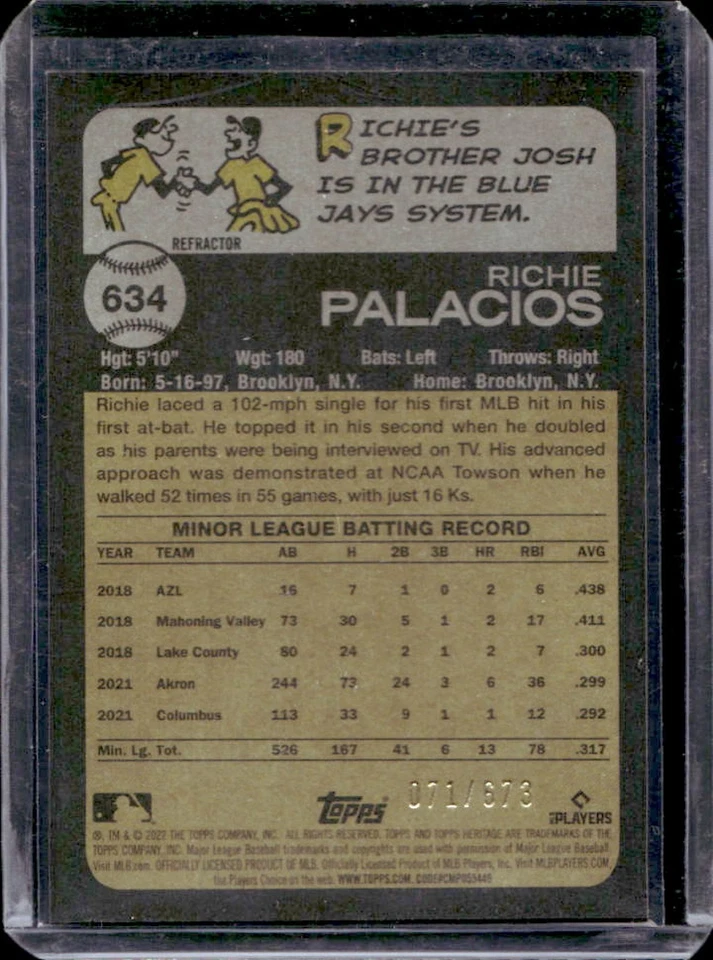 2022 Topps Heritage Richie Palacios Chrome RC Refractor Rookie #71/673 Guardians - Image 2 of 2