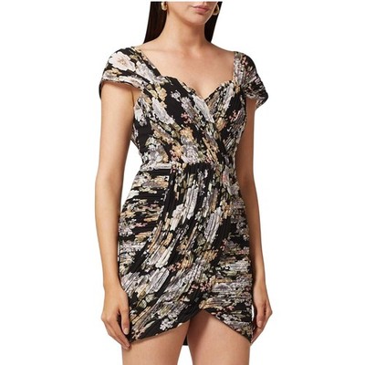 Lavish Alice Bardot Black Muted Floral Pleated Gathered Mini Dress