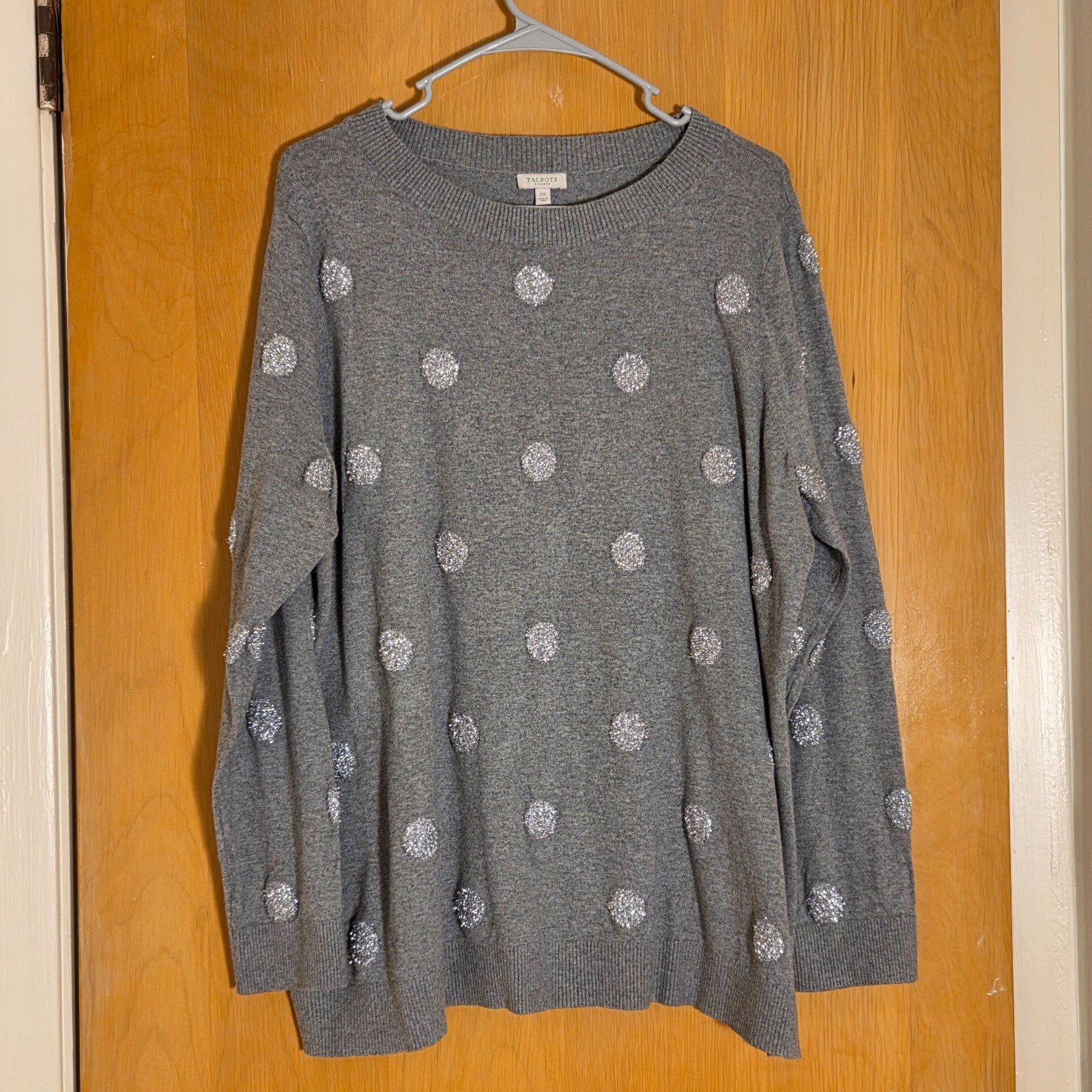 Talbots Plus Pullover Crew Neck Sweater Size 2X Gray Metallic Silver Polka Dot