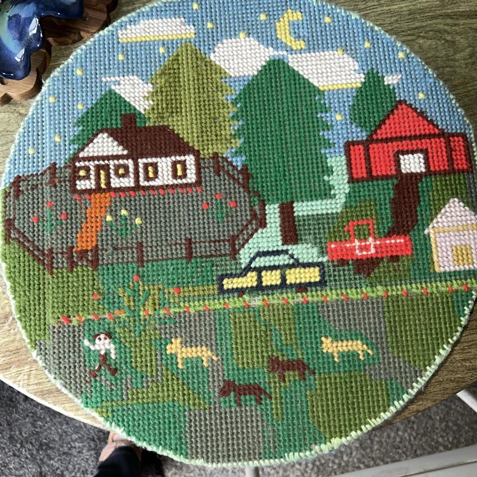 VTG Hand Embroidery cross-stitch Canvas”TRAVEL ROUND”By Kirk &Bradley-Sew Basket - Image 2 of 4