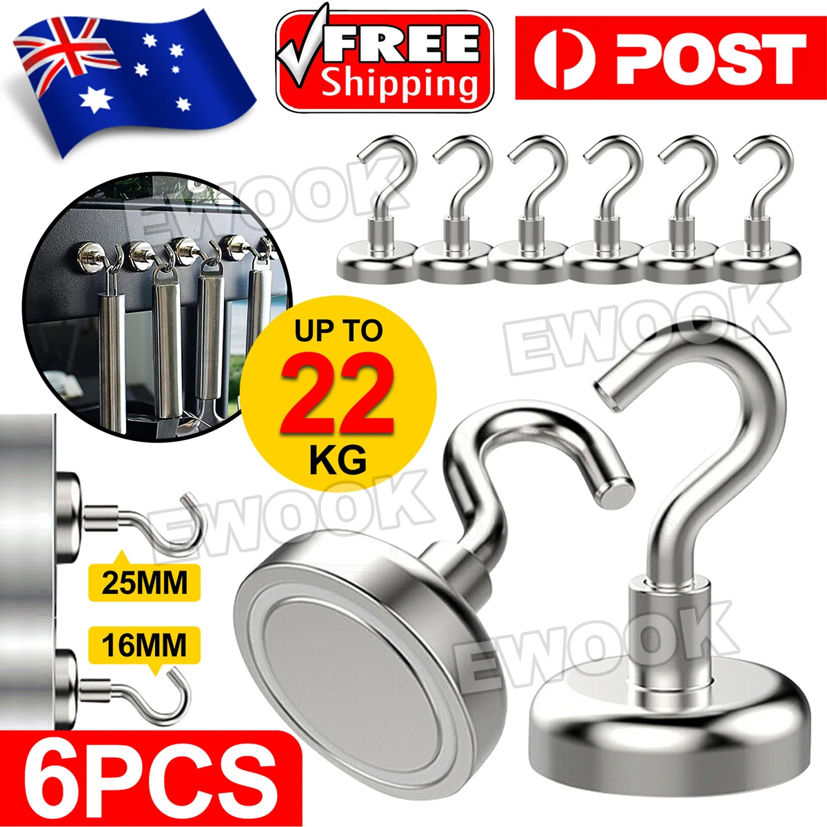 6x Strong Magnets Hooks Rare Earth N38 Magnetic Hanger Holder AU