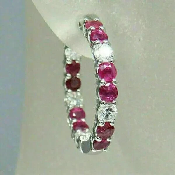2Ct Round Cut Lab Created Red Ruby Women's Hoop Earrings 14K White Gold Plated - Image 2 of 4