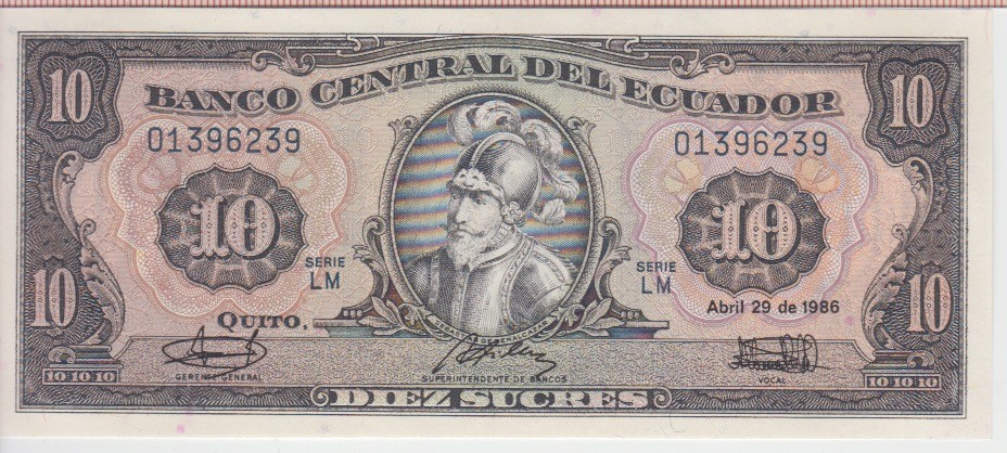ECUADOR BANKNOTE P.121 10 SUCRES 29.4.1986, UNC 2001