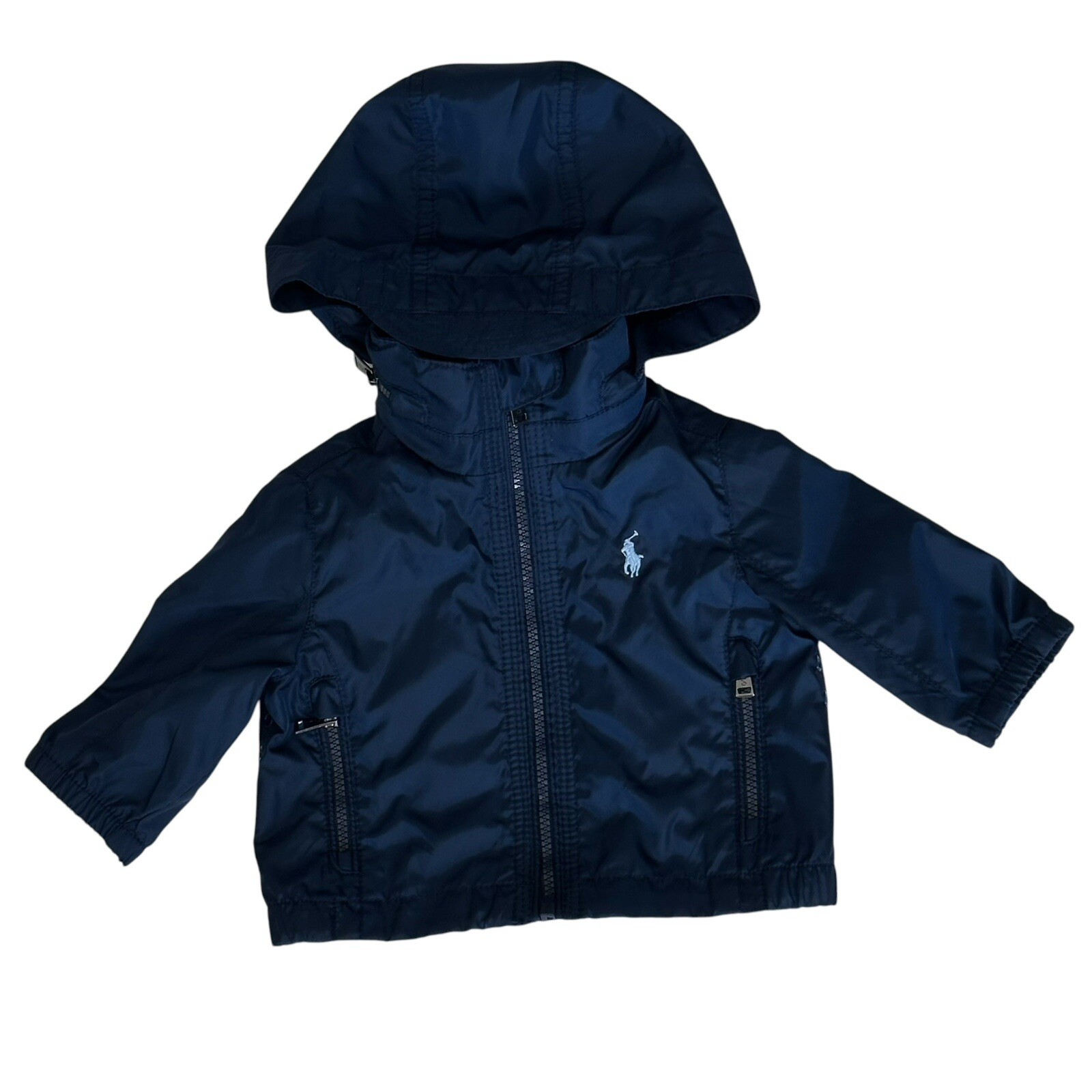 Polo Ralph Lauren ragazzo 3M 3 mesi giacca a vento pioggia blu pony con cappuccio