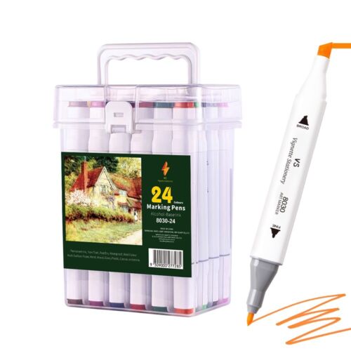 24 Pack Colour Markers Alcohol Base Dual-Nib Drawing Pens Professional Grade - Picture 1 of 14