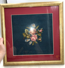 VTG Floral Needlepoint Gold Framed Burgundy Matting Blue Backing 17x17"