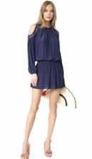 Ramy Brook Spring Navy Satin Blouson Shelby Cold Shoulder Dress XS
