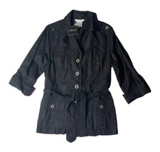 New Womens George Black Linen Blend Belted Safari Jacket Roll Tab Sleeves Sz 16