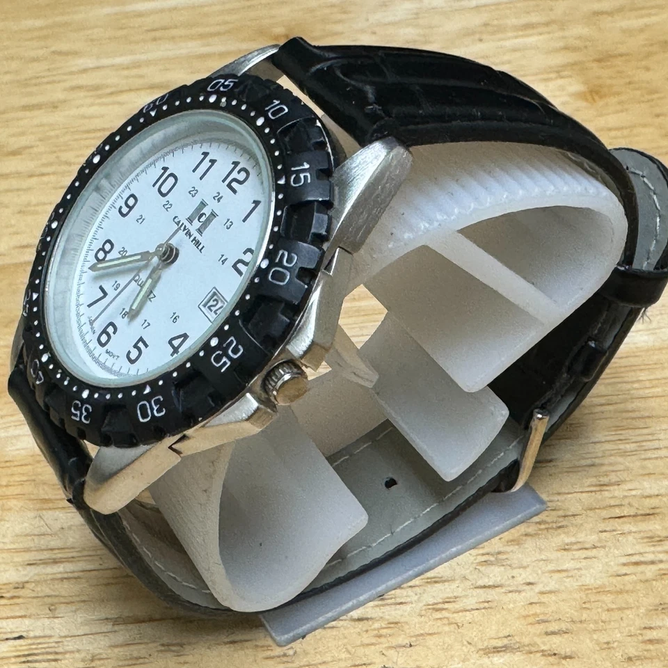 Reloj de Cuarzo Calvin Hill Hombre Plateado Negro Bisel Giratorio Fecha Cuero Nuevo Batería Foto 4 de 4