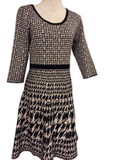 Nina Leonard Sweater Dress, Medium, Geometric, Fit & Flare, 3/4 Sleeves, Stretch