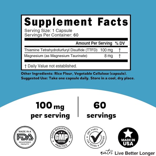 TTFD Thiamine B1 Supplement - 100Mg 60 Servings - Thiamine TTFD Supplement - wit - Picture 5 of 7