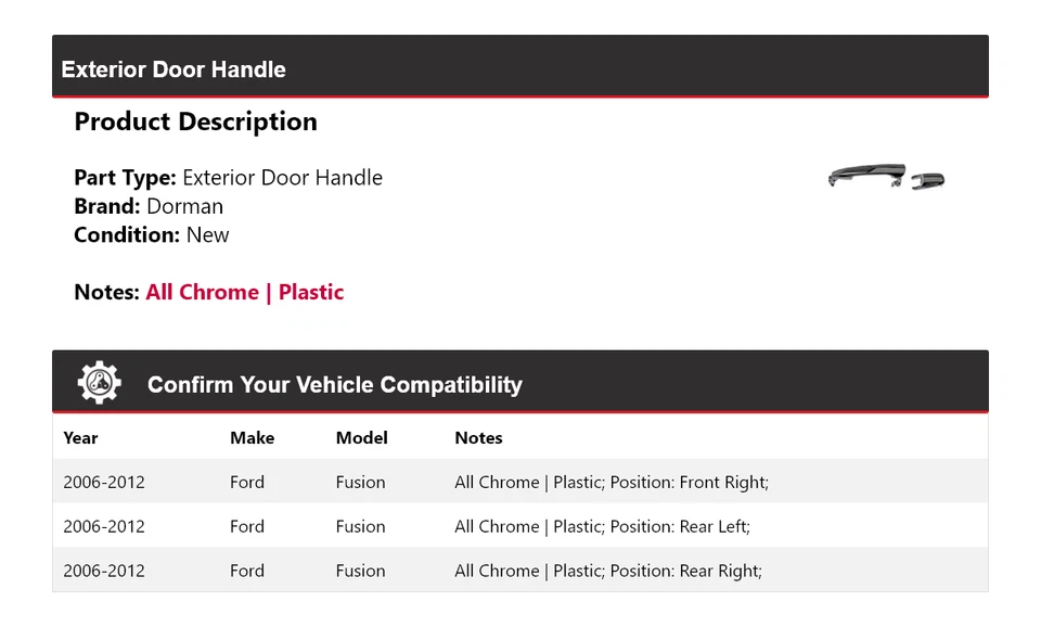 Manija de puerta exterior para Ford Fusion Dorman 2006-2012 2007 2008 2009 2010 2011 Foto 2 de 4