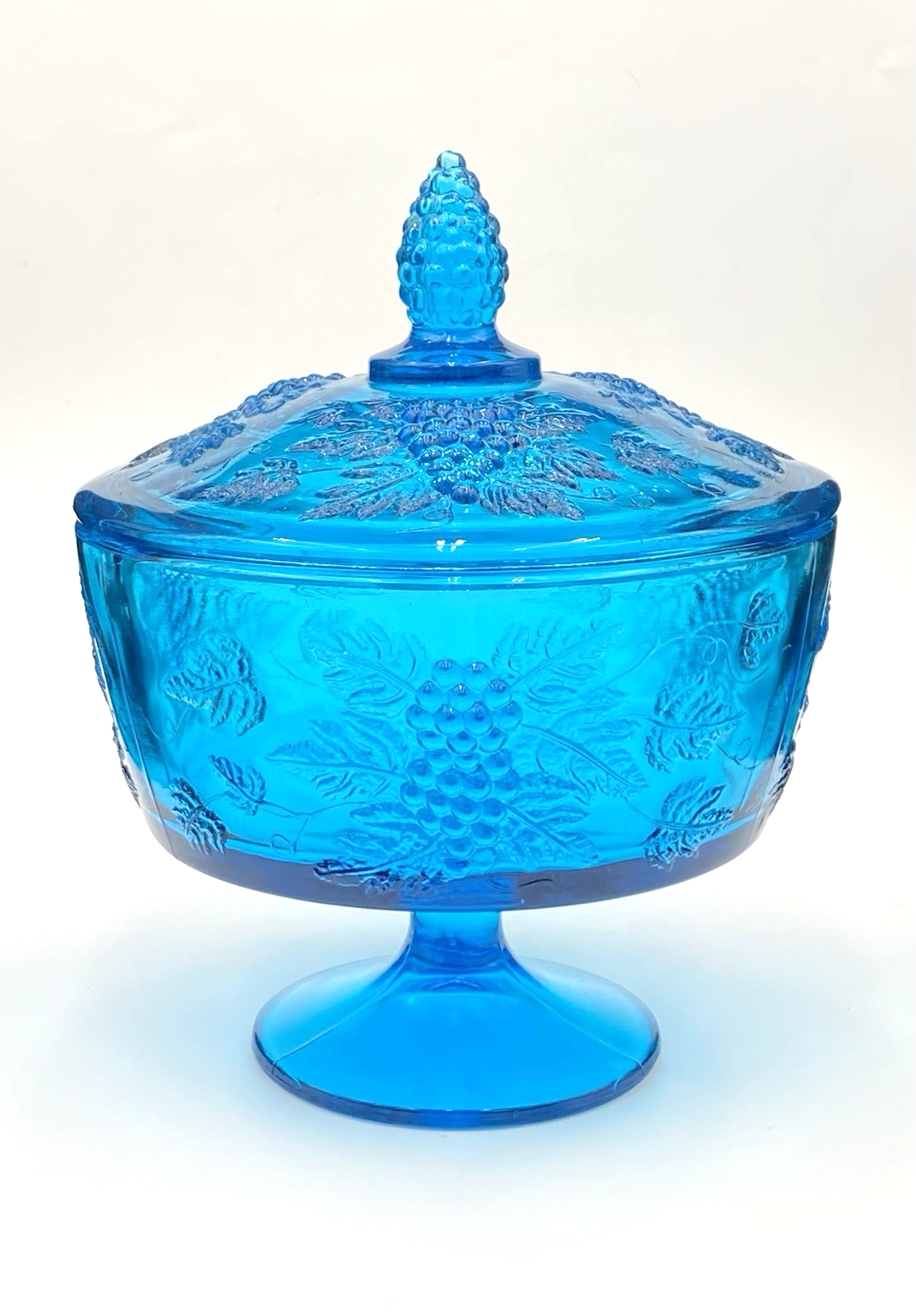 Vintage LE Smith Blue Teal Grapes Lidded Candy Dish 6 Inch