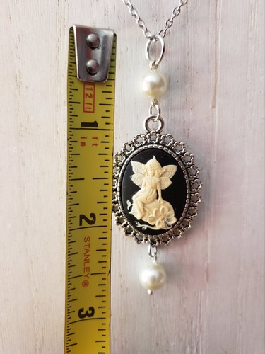 Victorian Antique Style Goth Ivory Fairy on Black Cameo Necklace w/ Pearl - Picture 5 of 6