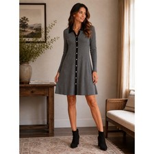 Ellen Tracy Grey Ribbed Knit Button Front Collared Sweater Dress Large