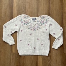 VTG cream floral embroidered pearl button sweater ramie cotton small coquette