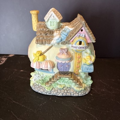 Vintage Easter Bunny House Figurine Post Office Cottage Pastel Spring Decor