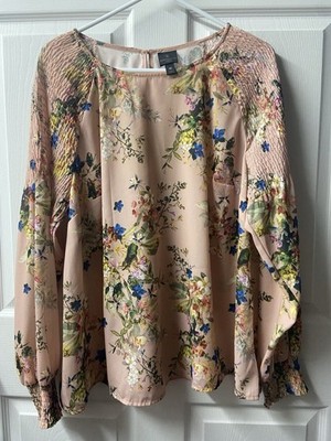 Worthington Woman Long Sleeved Floral Blouse Plus Size 1X  Pink Smocked Sleeves
