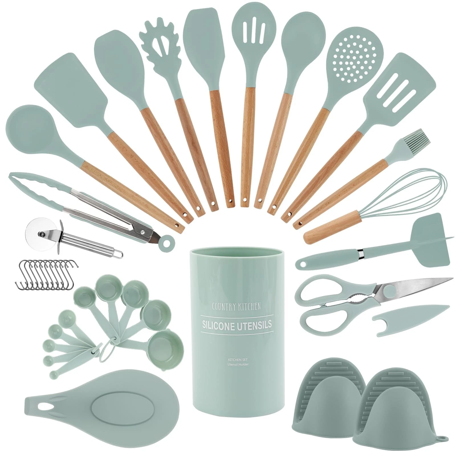 Non Stick Silicone Utensil Set with Rounded Wood Handles for Cooking and Baki...